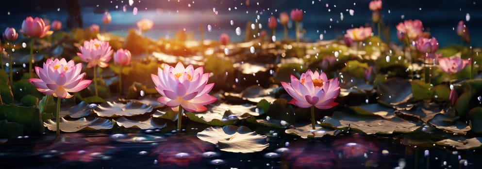 Magical pink water lily by night, lotus flower Orange Sunset in the garden pond. Close-up of Nymphaea reflected in water. Flower landscape for nature wallpaper. background copy space. Sparkling bokeh lights. Lotus flower magic beauty