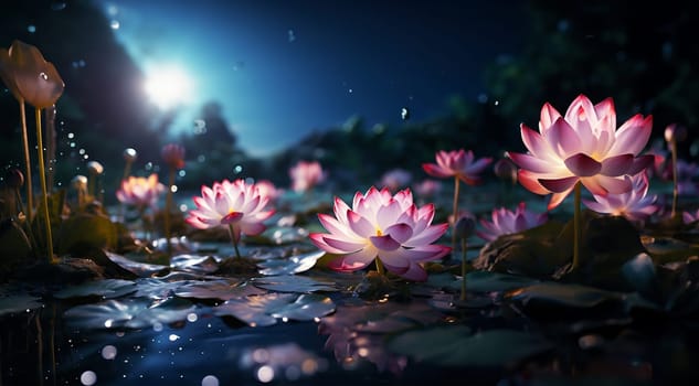 Magical pink water lily by night, lotus flower Orange Sunset in the garden pond. Close-up of Nymphaea reflected in water. Flower landscape for nature wallpaper. background copy space. Sparkling bokeh lights. Lotus flower magic beauty