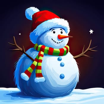 Nice snowman wearing a carrot nose, red scarf and Santa hat while smiling