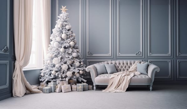 Christmas tree in minimalist trends in the color of a pastel gray-blue interior, wrapped gifts under the tree, a large cozy chair, a large luxurious window in the interior, High quality photo