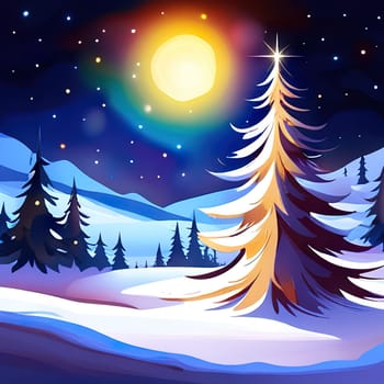 Starry night full moon winter forest, Christmas trees, pine trees covered by snow, winter Christmas festive background
