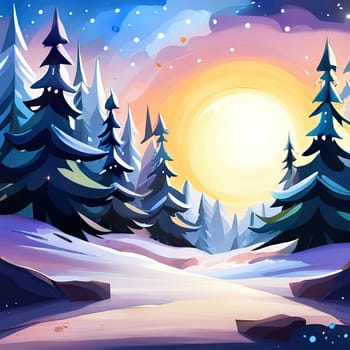 Starry night full moon winter forest, Christmas trees, pine trees covered by snow, winter Christmas festive background