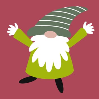 Happy Christmas gonk. This fun gnome like character has a big bushy beard, colourful clothing and a quirky striped hat. He is in an excited, lively pose. This contemporary Xmas design is perfect for the festive season.