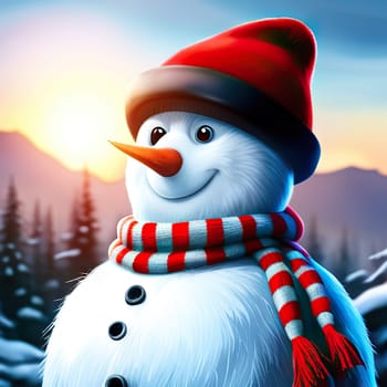 Nice snowman wearing a carrot nose, red scarf and Santa hat while smiling