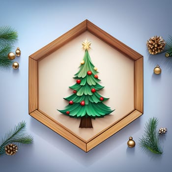 Trendy Christmas tree ornaments, gift boxes and pine branches on background . Minimal Concept of New Year's Flat lay.