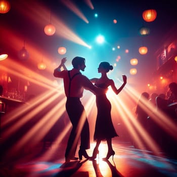 couple dance in a bar , dim light , romantic vintage atmosphere generative ai art