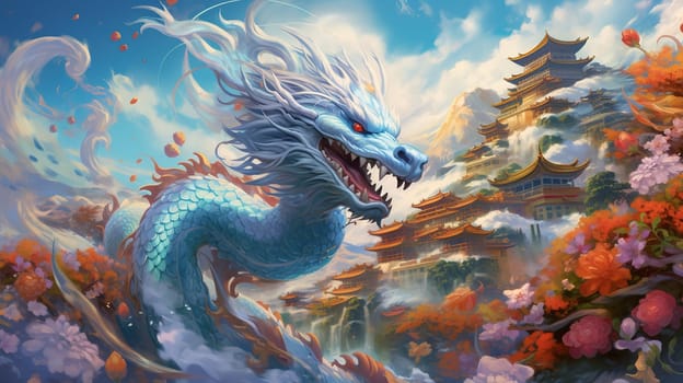 Illustration of a large blue dragon soaring over the city, Chinese lunar calendar, festival of awakening the dragon bringing rain, Zhonghe Blue Dragon Festival. High quality illustration