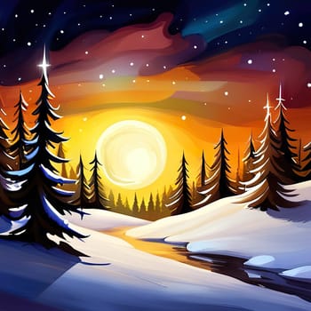 Starry night full moon winter forest, Christmas trees, pine trees covered by snow, winter Christmas festive background