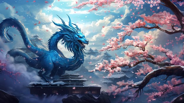 Illustration of a large blue dragon soaring over the city, Chinese lunar calendar, festival of awakening the dragon bringing rain, Zhonghe Blue Dragon Festival. High quality illustration