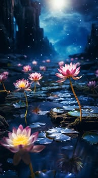 Magical pink water lily by night, lotus flower Orange Sunset in the garden pond. Close-up of Nymphaea reflected in water. Flower landscape for nature wallpaper. Vertical background copy space. Sparkling bokeh lights. Lotus flower magic beauty