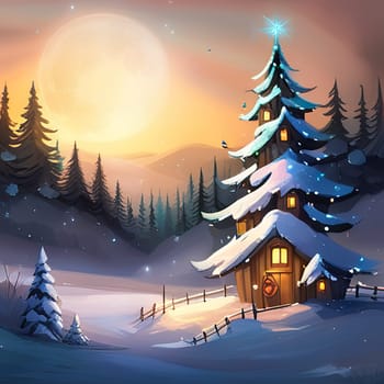 Merry Christmas and New Year holiday background with christmas tree and and winter village.