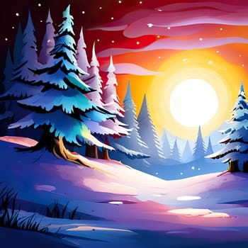 Starry night full moon winter forest, Christmas trees, pine trees covered by snow, winter Christmas festive background