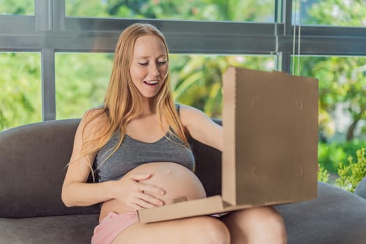 A pregnant woman enjoys a slice of pizza, savoring a moment of indulgence while satisfying her craving for a delightful, comforting treat. Excited Pregnant Young Lady Enjoying Pizza Holding Biting Tasty Slice Posing With Carton Box. Junk Food Lover Eating Italian Pizza. Unhealthy Nutrition Cheat Meal.