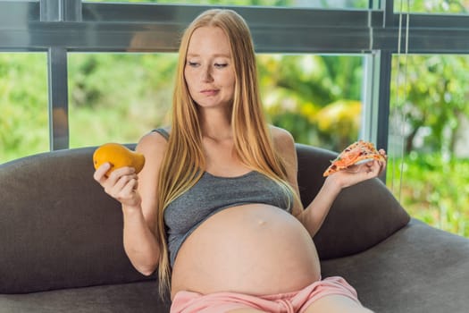 A pregnant woman faces a choice between nourishing, wholesome food and tempting fast food, highlighting the importance of healthy dietary decisions during pregnancy.