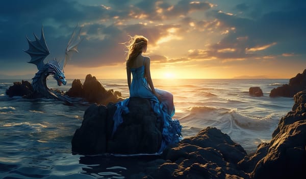 a young blonde in a blue dress with a long train sits sadly on a rock by the sea opposite a large dragon, waiting for her prince and freedom, High quality photo