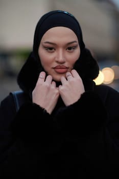 Muslim woman walking on an urban city street on a cold winter night wearing hijab with bokeh city lights in the background