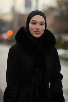 Muslim woman walking on an urban city street on a cold winter night wearing hijab with bokeh city lights in the background