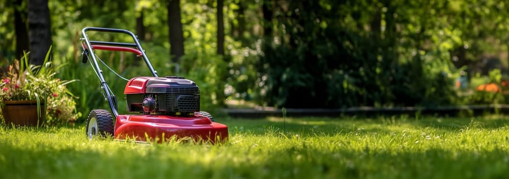 Lawn mover on green grass in modern garden. Machine for cutting lawns in the autumn. copy space Lawn robot. Space for text