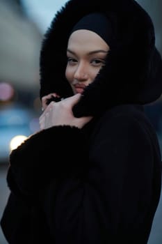 Muslim woman walking on an urban city street on a cold winter night wearing hijab with bokeh city lights in the background