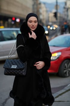 Muslim woman walking on an urban city street on a cold winter night wearing hijab with bokeh city lights in the background