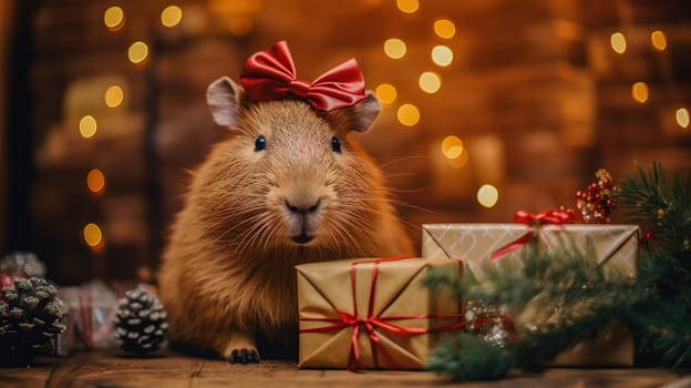 Guinea pig sits on a Christmas tree surrounded by boxes with gifts, celebrating the holiday in a family with their beloved pet, High quality photo