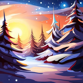 Starry night full moon winter forest, Christmas trees, pine trees covered by snow, winter Christmas festive background