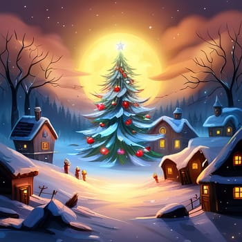 Merry Christmas and New Year holiday background with christmas tree and and winter village.