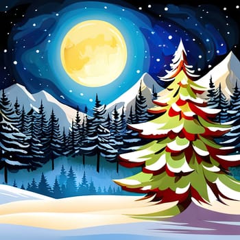 Starry night full moon winter forest, Christmas trees, pine trees covered by snow, winter Christmas festive background