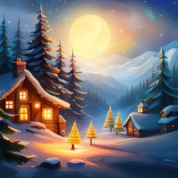 Christmas snowy night with houses and fir tree decoration