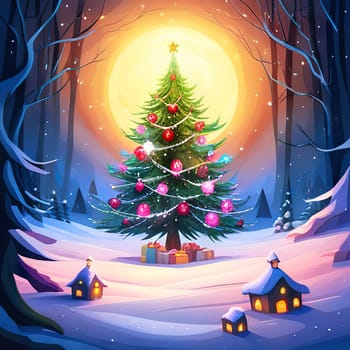 Christmas snowy night with houses and fir tree decoration