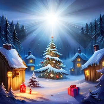 Merry Christmas and New Year holiday background with christmas tree and and winter village.