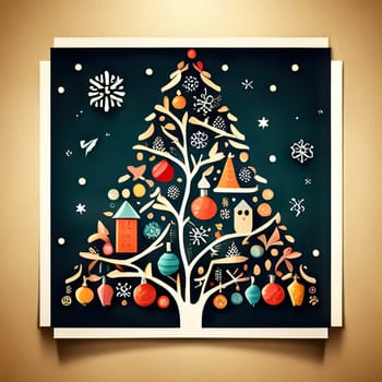 Christmas greeting card concept with festive background and Christmas tree with decorations