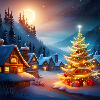winter scenery landscape, countryside houses with lights, snowy trees forest. Christmas night, Xmas eve greeting card