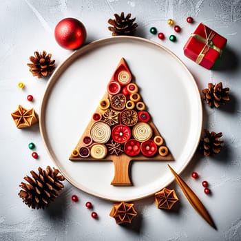 Christmas composition. Christmas gift boxes, pine cones, fir branches on wooden background. Flat lay, top view,