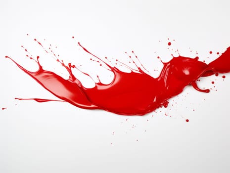red paint splash on white background with drops and paint trail