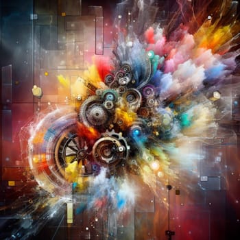 a color explosion of paint render a steampunk geared poly and gears creation abstract scupture generative ai art