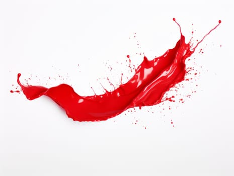 red paint splash on white background with drops and paint trail