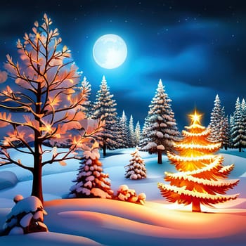 winter scenery landscape, countryside houses with lights, snowy trees forest. Christmas night, Xmas eve greeting card