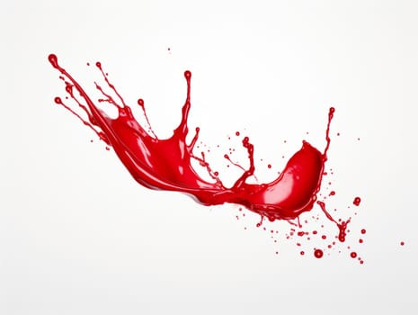 red paint splash on white background with drops and paint trail