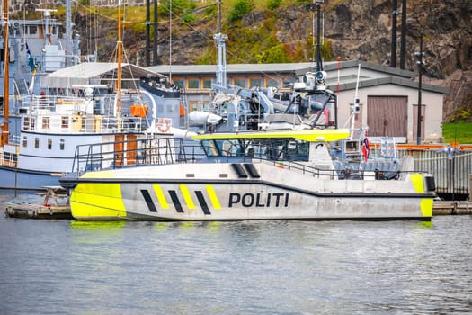 Norway maritime police boat in Oslo harbor view, archipelago of Norway