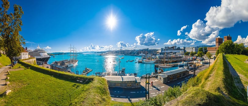 Scenic harbor of Oslo in Aker Brygge panoramic view from above, capital city of Norway