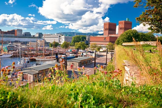 Scenic harbor of Oslo in Aker Brygge view from the hill, capital city of Norway