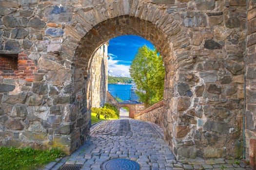 Scenic stone gate in Oslo Akershus Fortress historic architecture view, Kingdom of Norway