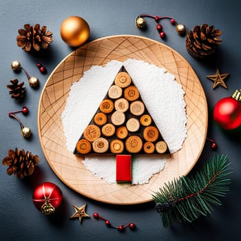 Christmas composition. Christmas gift boxes, pine cones, fir branches on wooden background. Flat lay, top view,