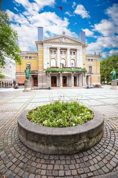 Oslo national theater front facade cobbled square view, capital of Norway