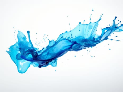 blue paint splash on white background with drops and paint trail