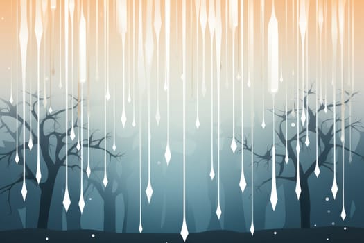 A remarkable portrayal of winter's allure, focusing on the glistening, see-through charm of icicles suspended from rooftops and tree limbs, showcasing their sparkling and crystalline elegance.