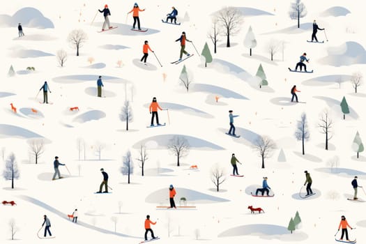 A dynamic portrayal of the exhilarating winter season, featuring individuals engaged in a range of invigorating activities such as skiing, snowboarding, and ice skating.