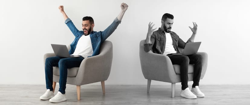 Glad, unhappy millennial arab man suffer from loss, stress, sit on armchair with laptop on white and gray background, panorama. Mental problems, negative emotions, lifestyle and win online