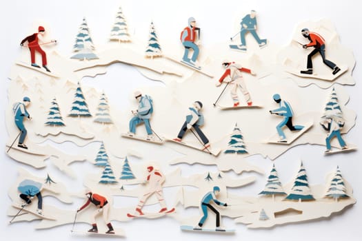 A dynamic portrayal of the exhilarating winter season, featuring individuals engaged in a range of invigorating activities such as skiing, snowboarding, and ice skating.